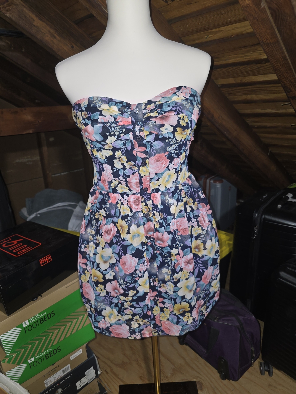 Forever 21 Navy Strapless Floral Mini Dress with Pink and Yellow Blooms